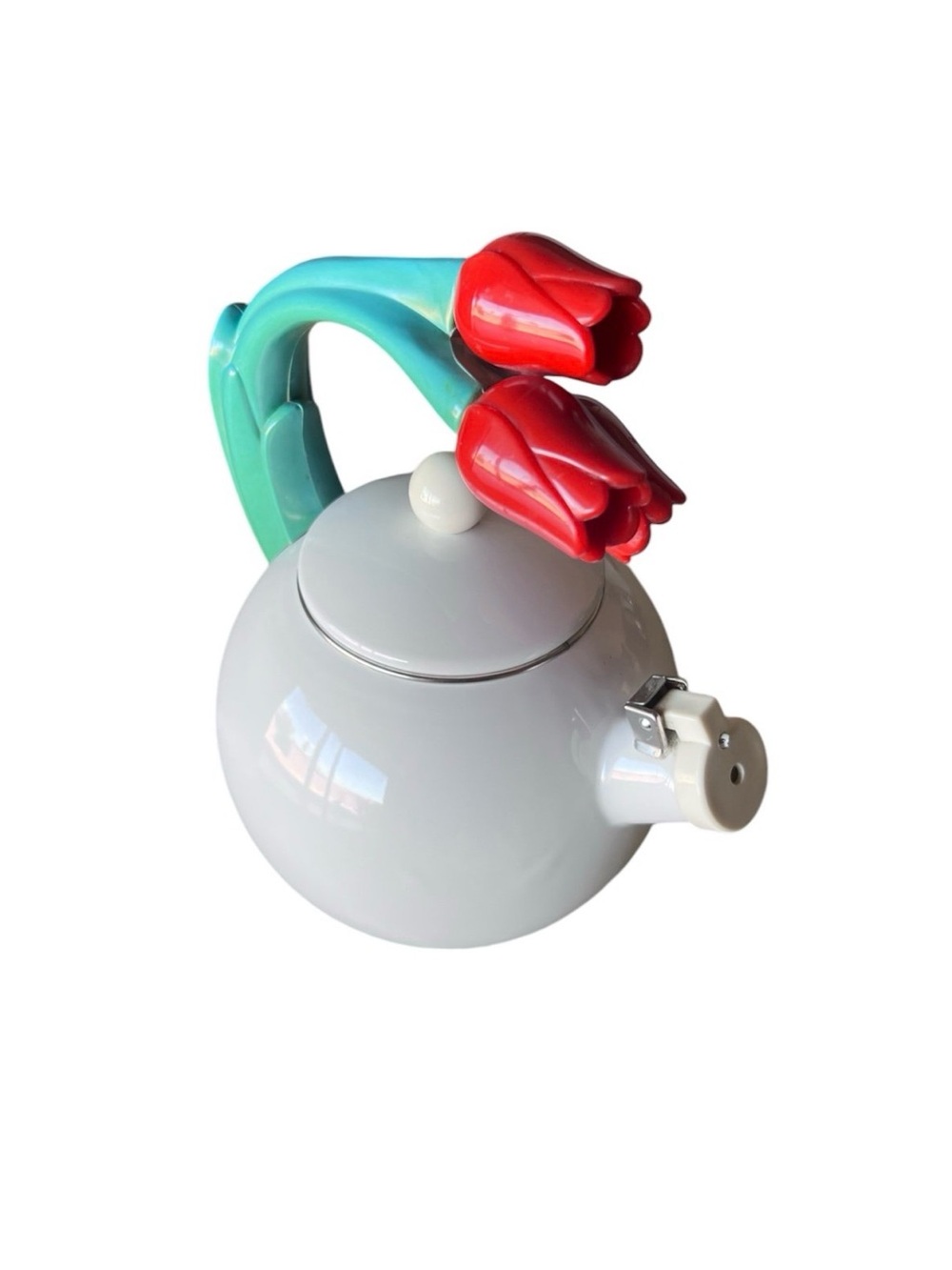 VTG 1995 Via Ancona White Whistling Kettle Teapot Red Tulips